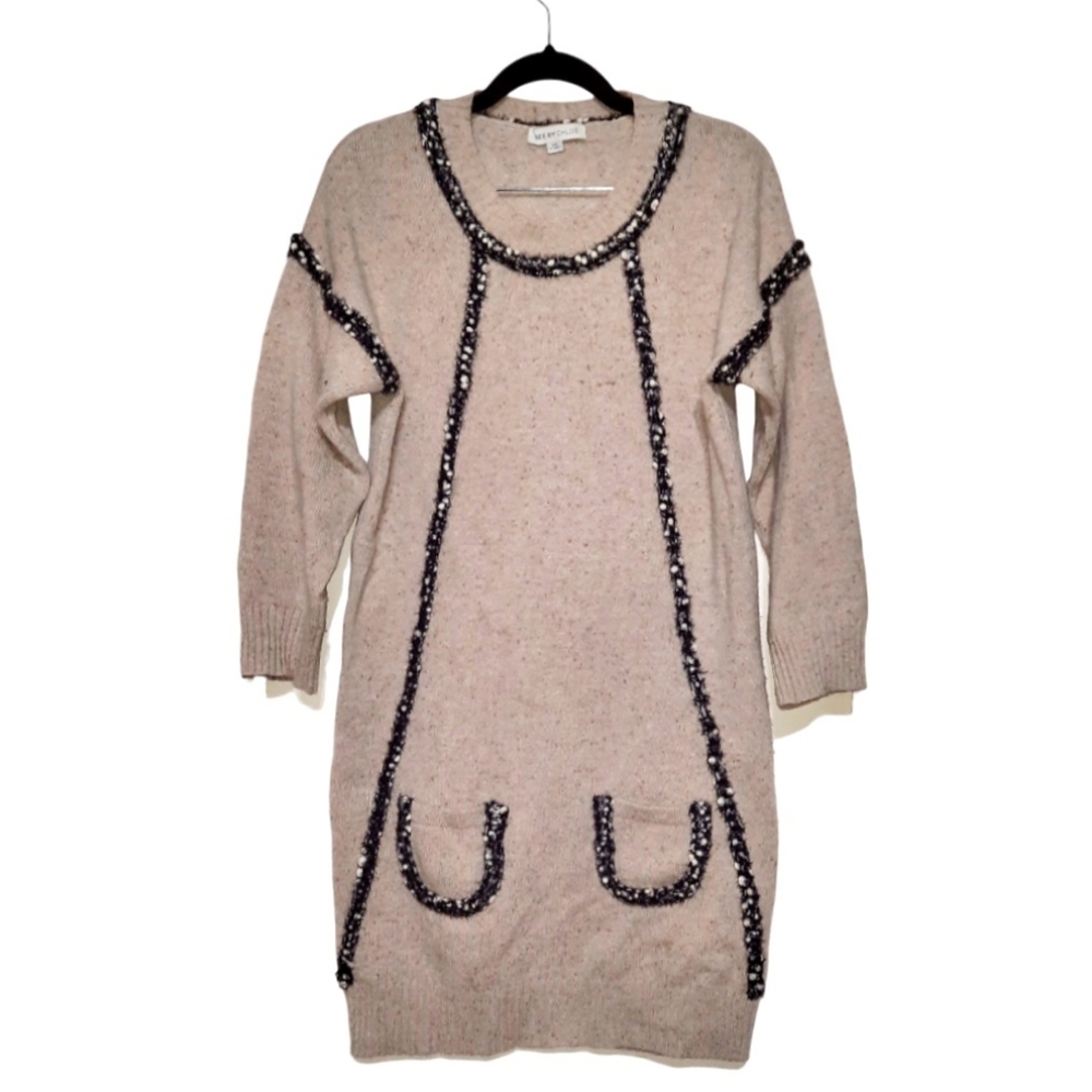 SEE BY CHLOÈ Wool Knit Dress Jumper Mini Dress Pockets Tan Black White Sparkle - Picture 2 of 9